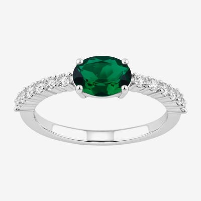 Womens Simulated Green Emerald Sterling Silver Oval Side Stone Cocktail Ring