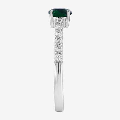 Womens Simulated Green Emerald Sterling Silver Oval Side Stone Cocktail Ring