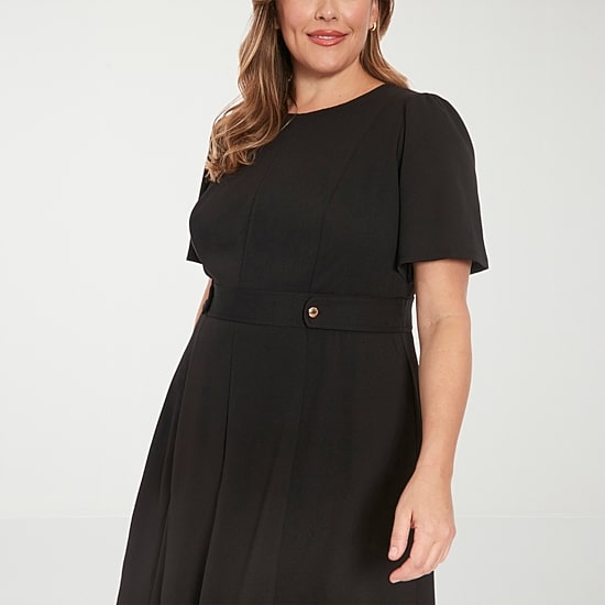 London Times Womens Plus Round Neck Short Sleeve Puffed Fit + Flare Dress