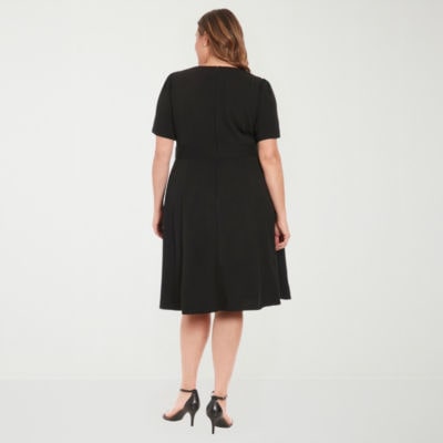 London Times Womens Plus Round Neck Short Sleeve Puffed Fit + Flare Dress