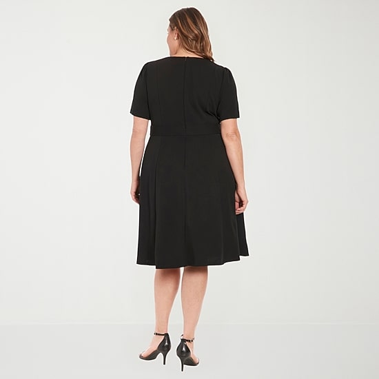 London Times Womens Plus Round Neck Short Sleeve Puffed Fit + Flare Dress