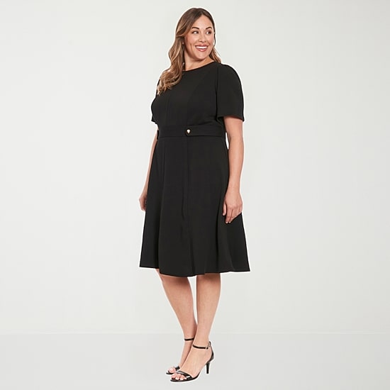 London Times Womens Plus Round Neck Short Sleeve Puffed Fit + Flare Dress