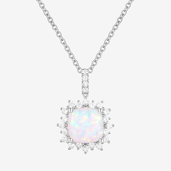 Yes Please! Womens Lab Created White Opal Sterling Silver Cushion 18 Inch Pendant Necklace