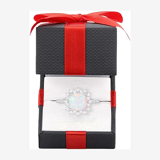 Yes Please! Womens Lab Created White Opal Sterling Silver Cushion Halo Side Stone Cocktail Ring