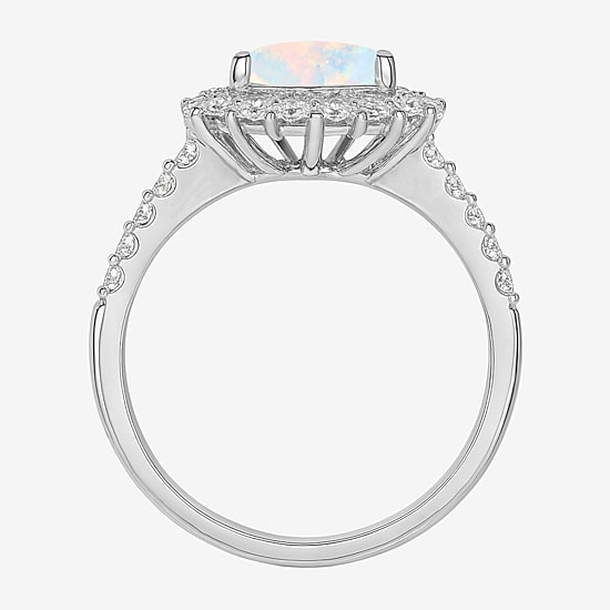 Yes Please! Womens Lab Created White Opal Sterling Silver Cushion Halo Side Stone Cocktail Ring