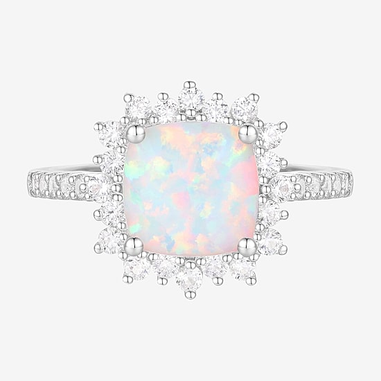Yes Please! Womens Lab Created White Opal Sterling Silver Cushion Halo Side Stone Cocktail Ring