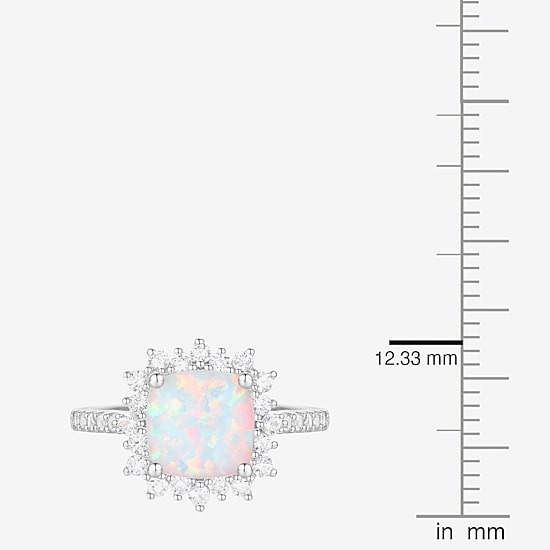 Yes Please! Womens Lab Created White Opal Sterling Silver Cushion Halo Side Stone Cocktail Ring