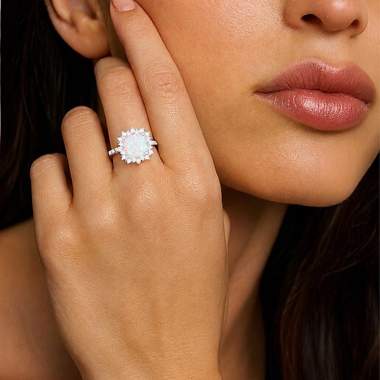 Yes Please! Womens Lab Created White Opal Sterling Silver Cushion Halo Side Stone Cocktail Ring