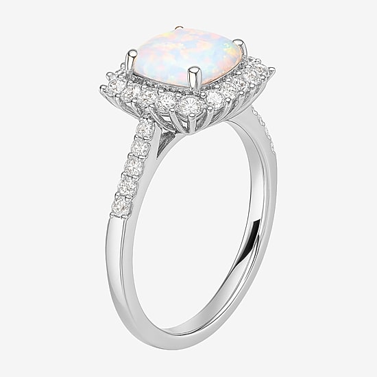 Yes Please! Womens Lab Created White Opal Sterling Silver Cushion Halo Side Stone Cocktail Ring