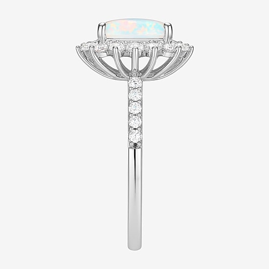 Yes Please! Womens Lab Created White Opal Sterling Silver Cushion Halo Side Stone Cocktail Ring