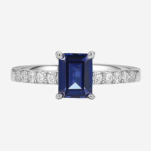 Yes, Please! Womens Lab Created Blue Sapphire Sterling Silver Side Stone Cocktail Ring, 7, Blue