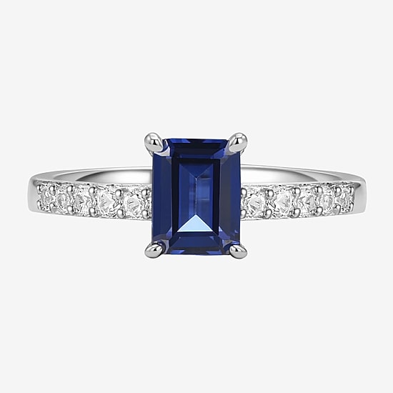 Yes, Please! Womens Lab Created Blue Sapphire Sterling Silver Side Stone Cocktail Ring