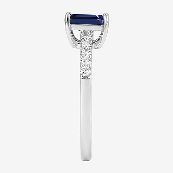 Yes, Please! Womens Lab Created Blue Sapphire Sterling Silver Side Stone Cocktail Ring