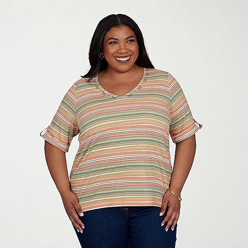 Hearts Of Palm Womens Plus V Neck Elbow Sleeve T-shirt In Orange
