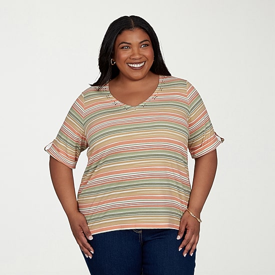 Hearts Of Palm Womens Plus V Neck Elbow Sleeve T-Shirt