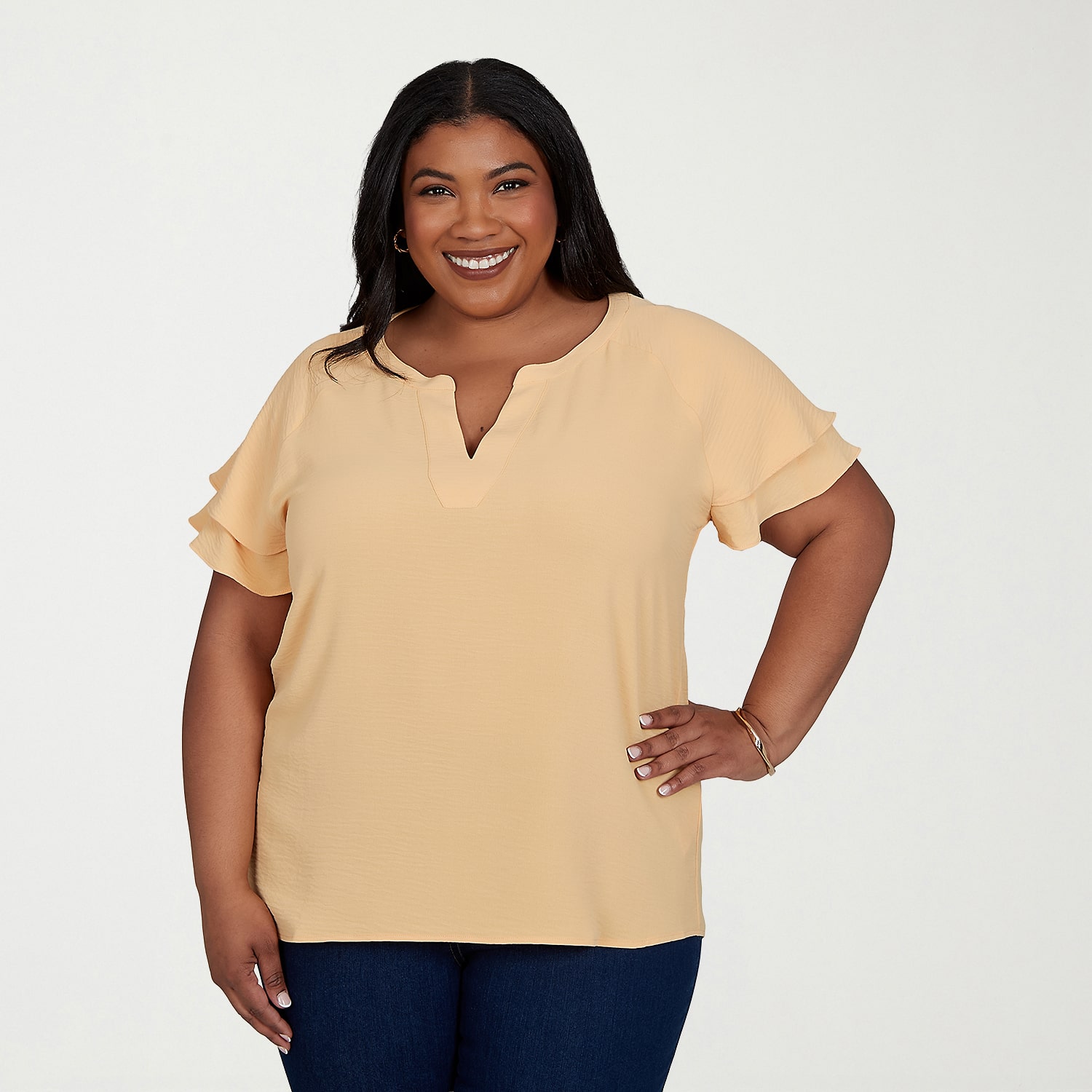 Hearts Of Palm Womens Plus Split Crew Neck Short Sleeve Ruffled Blouse