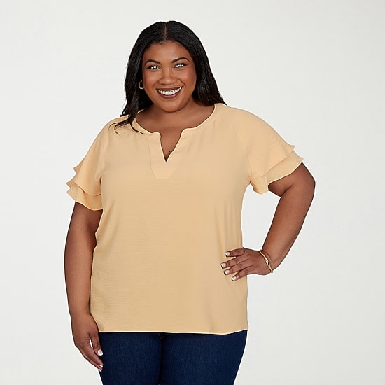 Hearts Of Palm Womens Plus Split Crew Neck Short Sleeve Ruffled Blouse