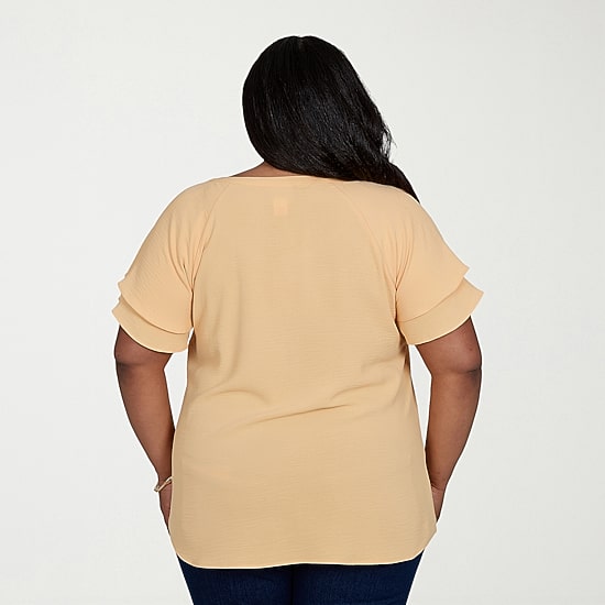 Hearts Of Palm Womens Plus Split Crew Neck Short Sleeve Ruffled Blouse