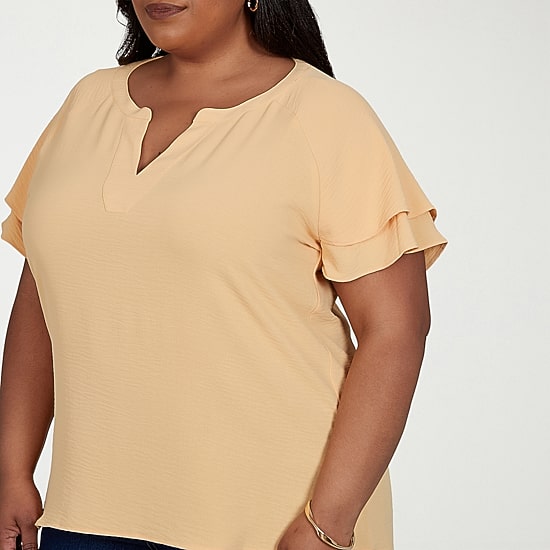 Hearts Of Palm Womens Plus Split Crew Neck Short Sleeve Ruffled Blouse