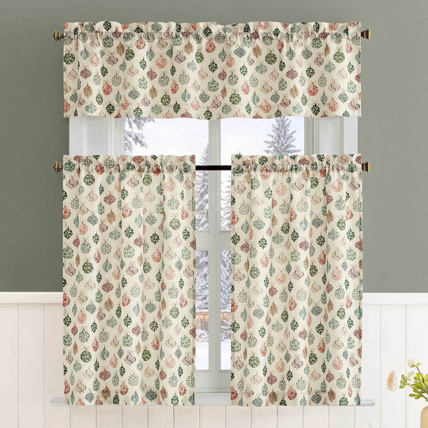 No 918 Tree Trimmings 3-pc. Rod Pocket Kitchen Curtains & Drapes Window Set