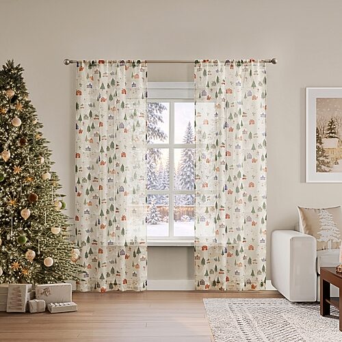 No. 918 Ski Village Rod Pocket Sheer Set Of 2 Curtain Panel In Beige