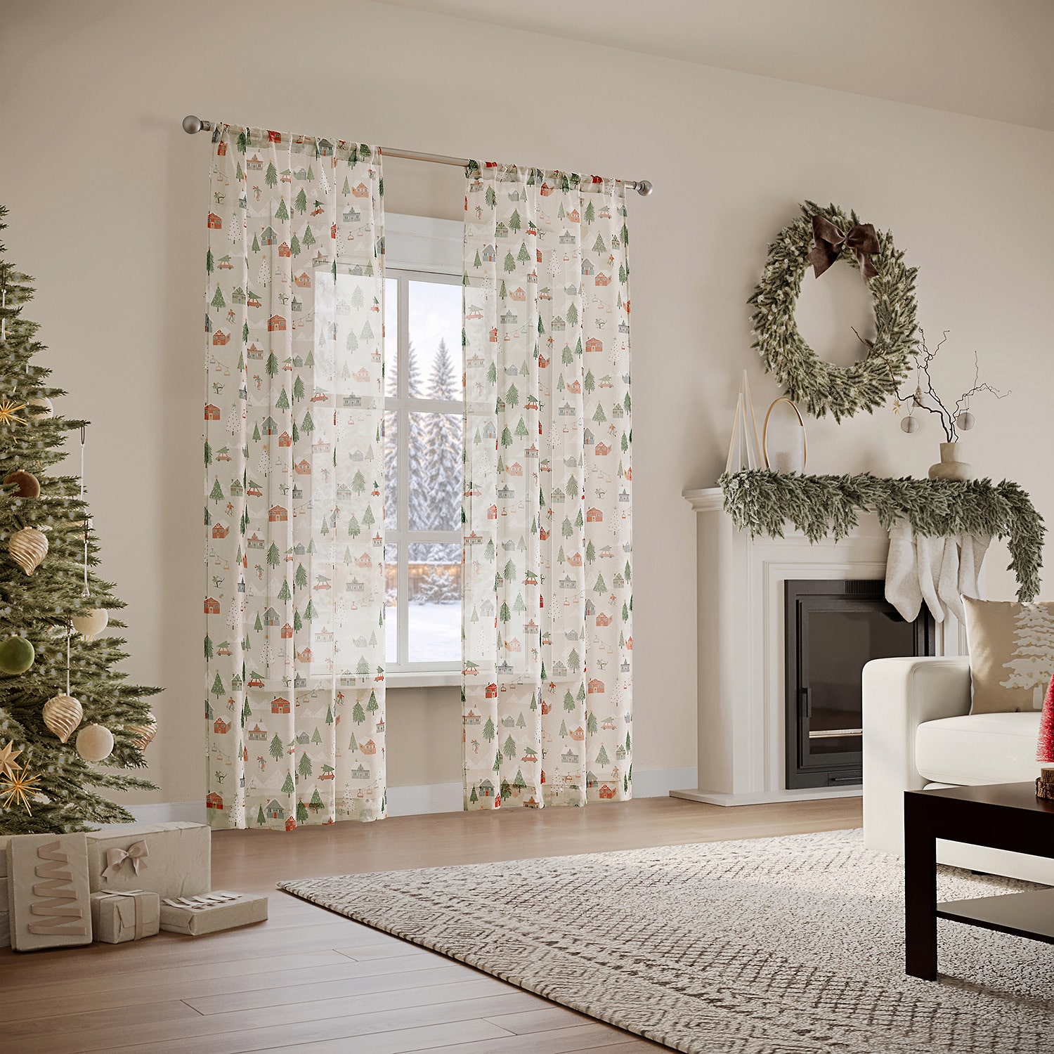 No 918 Ski Village Rod Pocket Sheer Set of 2 Curtain Panel