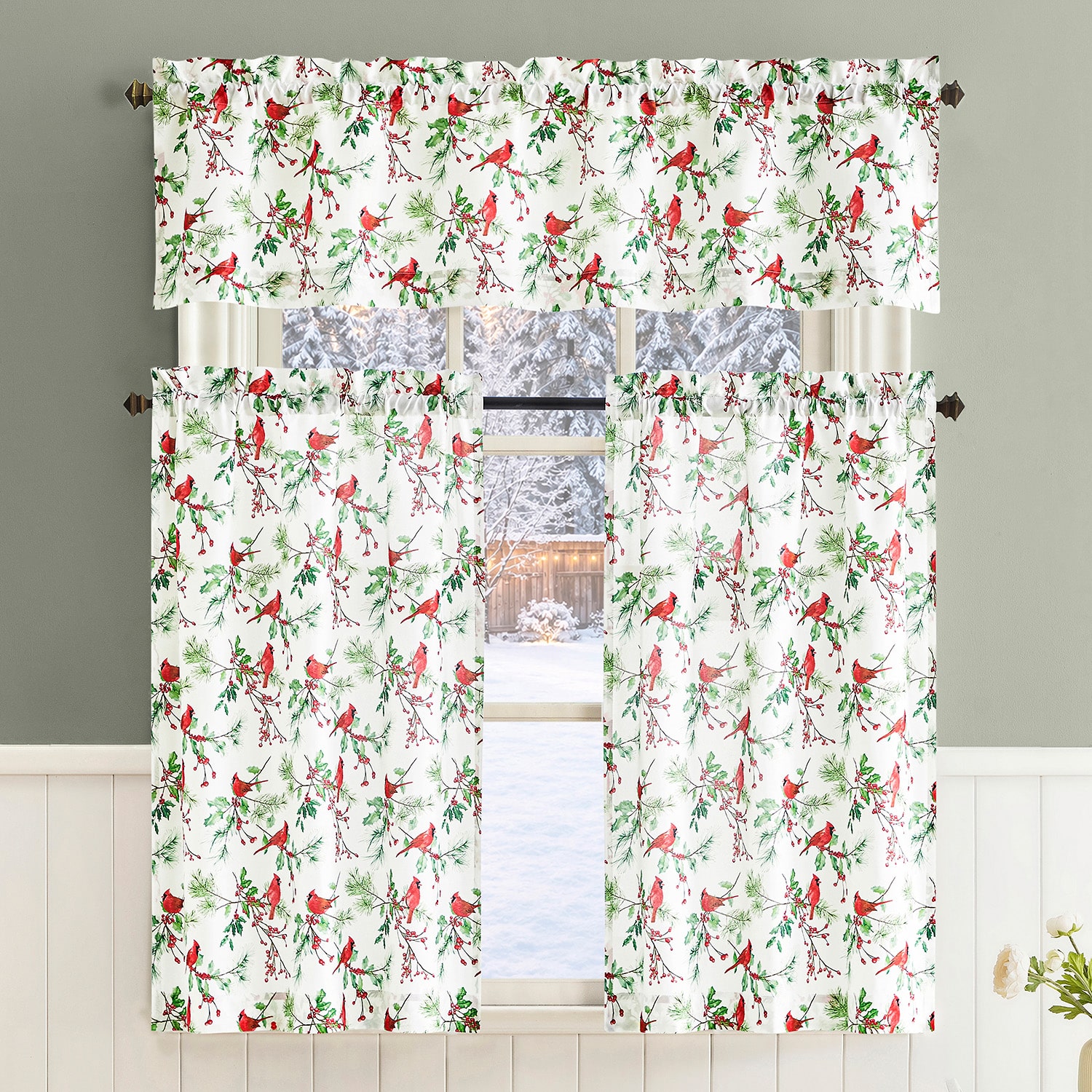 No 918 Cardinals 3-pc. Rod Pocket Kitchen Curtains & Drapes Window Set