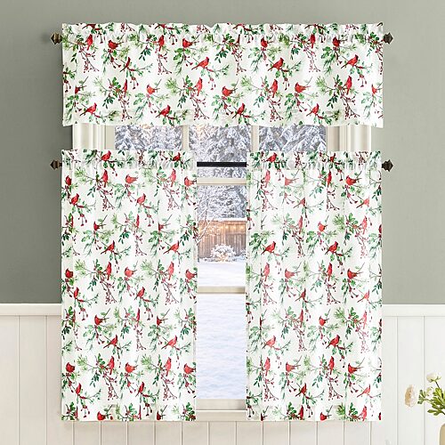 No. 918 Cardinals 3-pc. Rod Pocket Kitchen Curtains & Drapes Window Set In Green