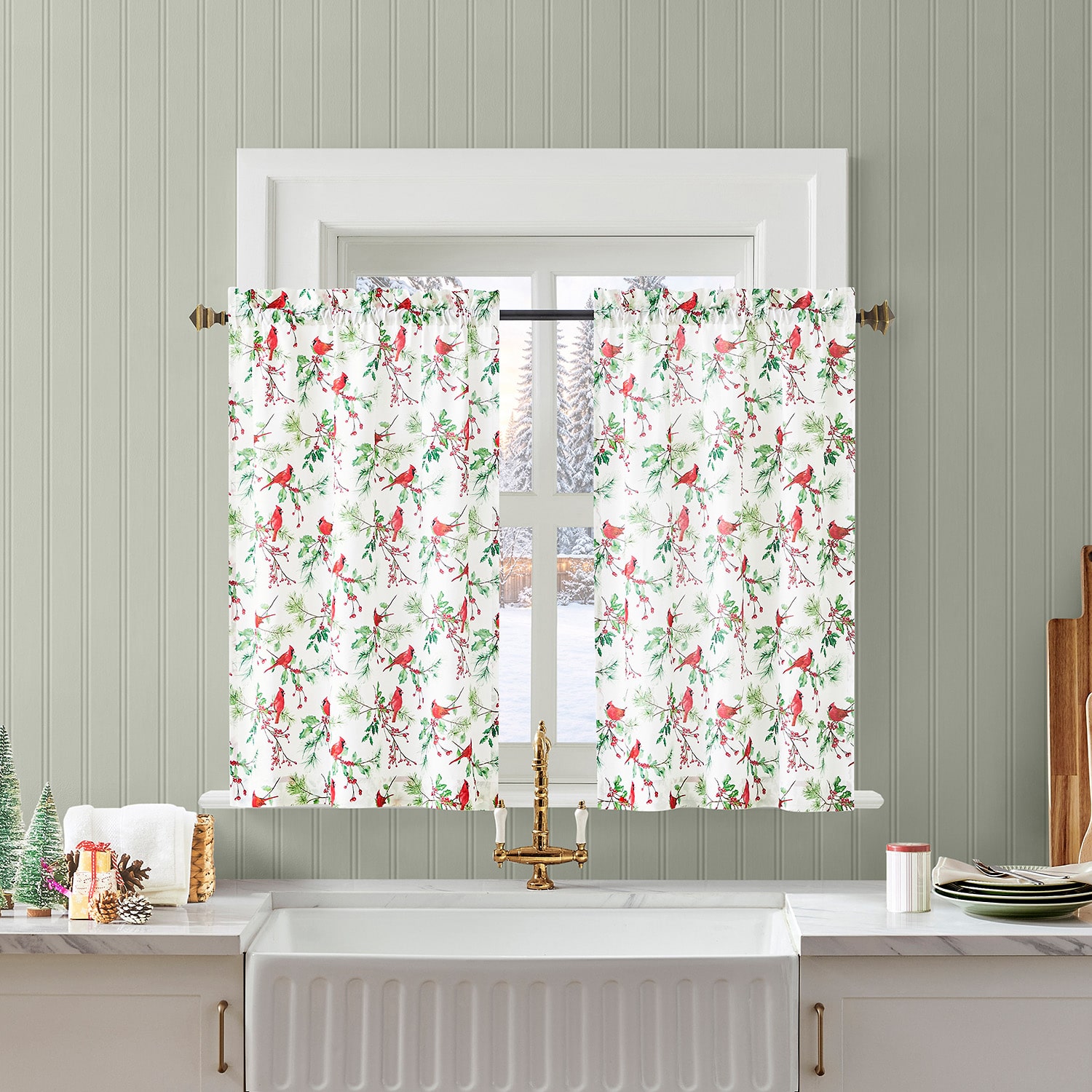 No 918 Cardinals 3-pc. Rod Pocket Kitchen Curtains & Drapes Window Set