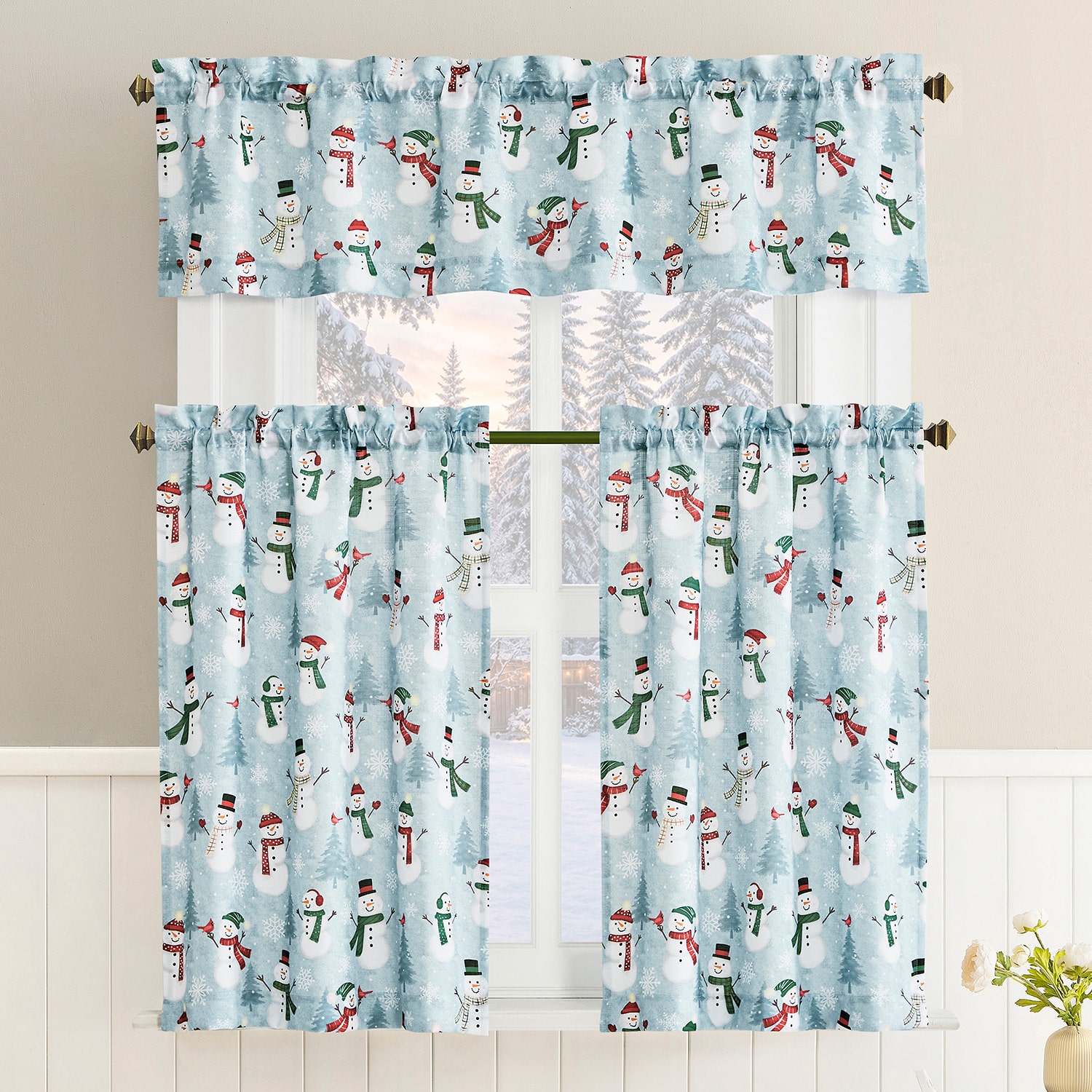 No 918 Snow People 3-pc. Rod Pocket Kitchen Curtains & Drapes Window Set