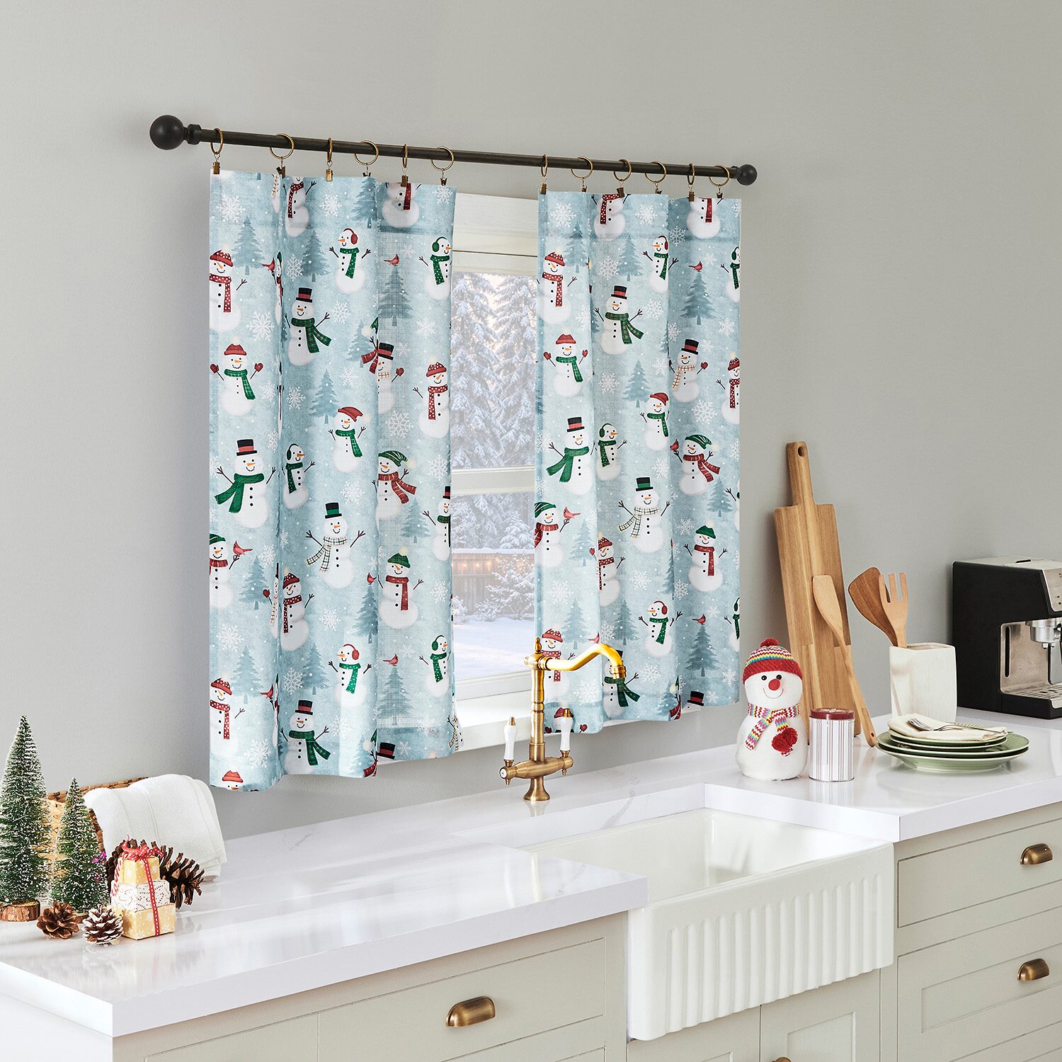 No 918 Snow People 3-pc. Rod Pocket Kitchen Curtains & Drapes Window Set