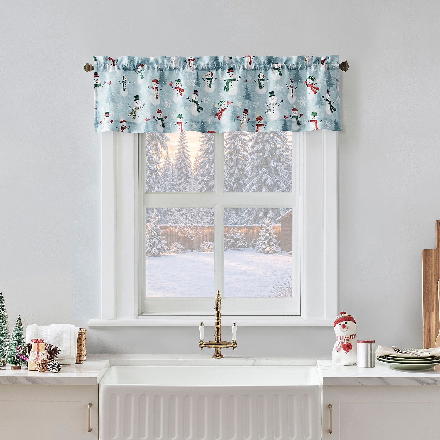 No 918 Snow People 3-pc. Rod Pocket Kitchen Curtains & Drapes Window Set