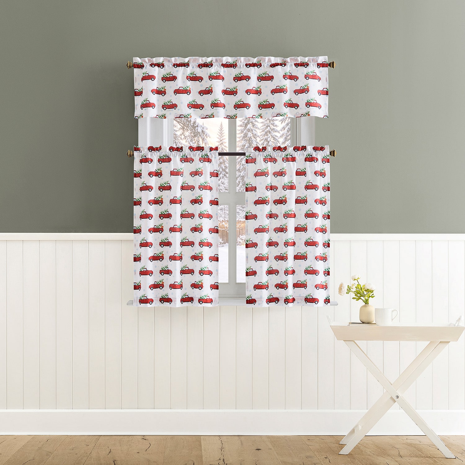 No 918 Holiday Truck 3-pc. Rod Pocket Kitchen Curtains & Drapes Window Set