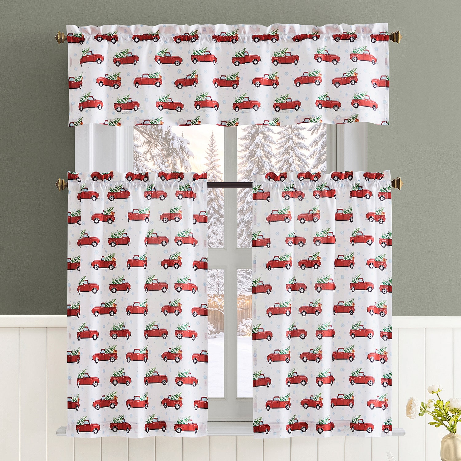 No 918 Holiday Truck 3-pc. Rod Pocket Kitchen Curtains & Drapes Window Set