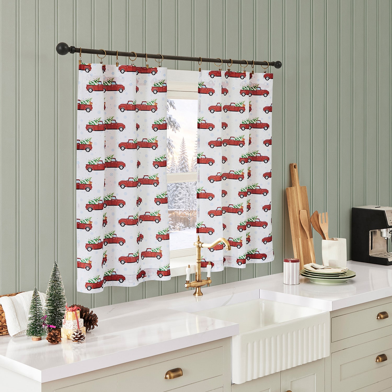 No 918 Holiday Truck 3-pc. Rod Pocket Kitchen Curtains & Drapes Window Set