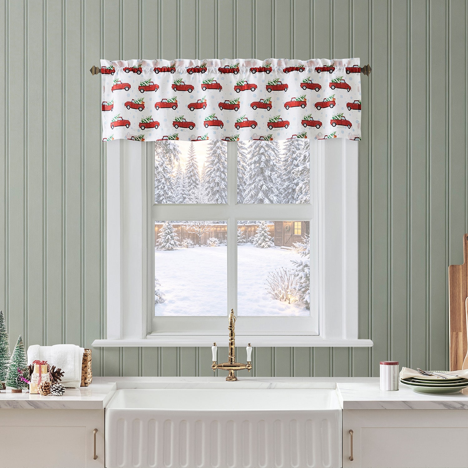 No 918 Holiday Truck 3-pc. Rod Pocket Kitchen Curtains & Drapes Window Set