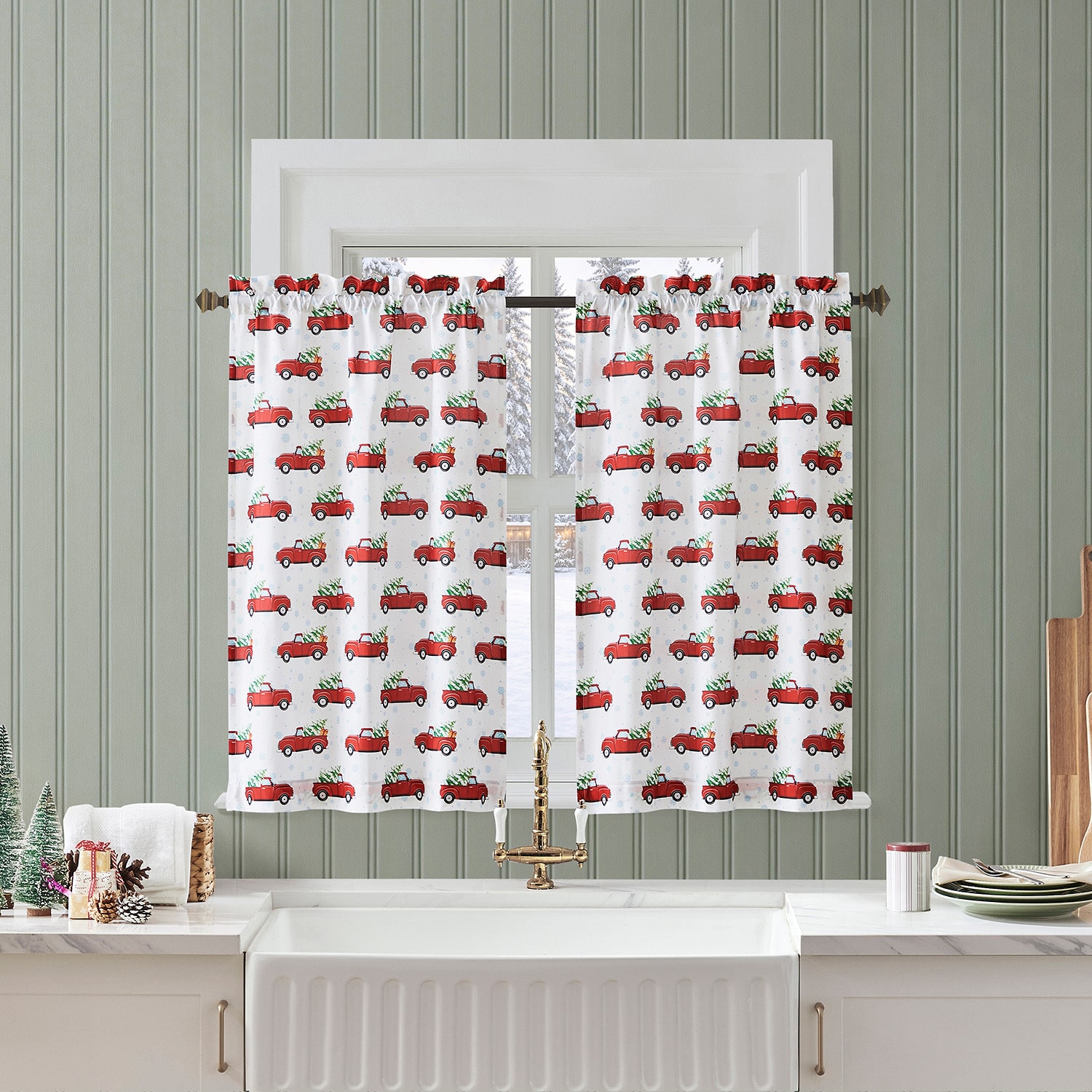 No 918 Holiday Truck 3-pc. Rod Pocket Kitchen Curtains & Drapes Window Set