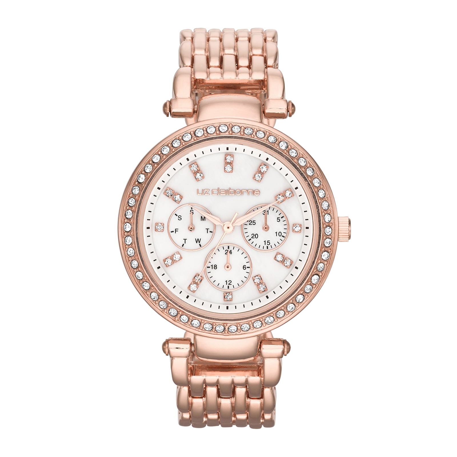 Liz Claiborne® Womens Rose-Tone & Crystal-Accent Oversized Watch
