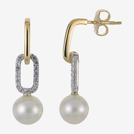 Womens White Cultured Freshwater Pearl 14K Two Tone Gold Over Silver Paperclip Drop Earrings