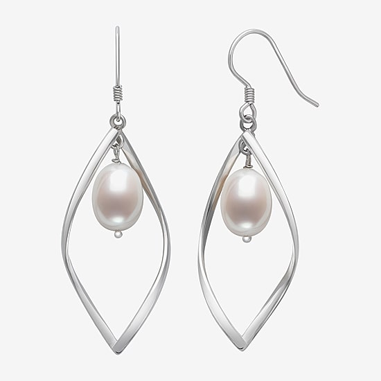 Womens White Cultured Freshwater Pearl Sterling Silver Drop Earrings