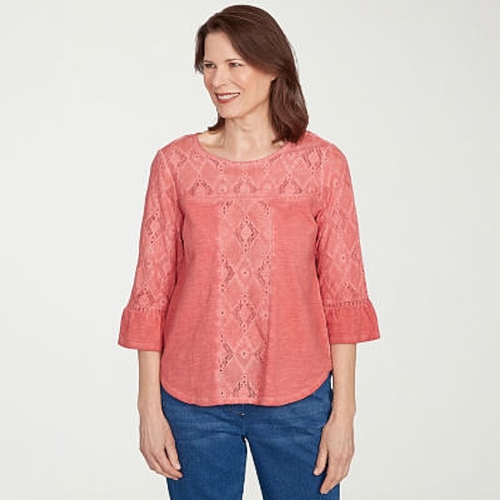 Alfred Dunner El Paso Womens Crew Neck 3/4 Sleeve T-Shirt