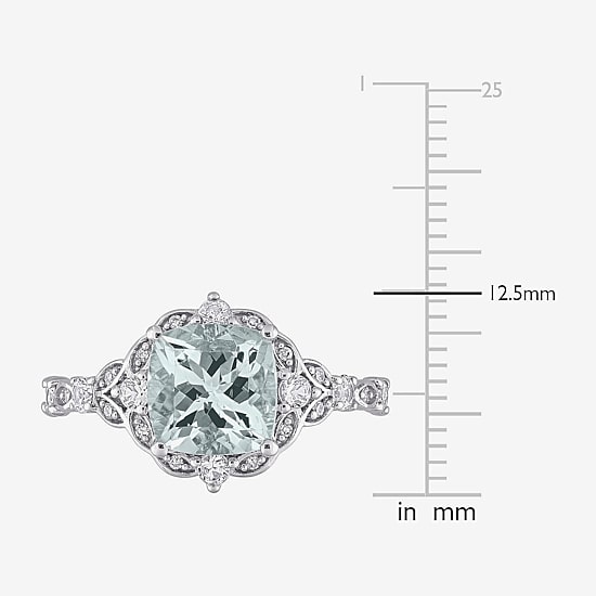 Modern Bride Gemstone Womens Diamond Accent Genuine Blue Aquamarine 14K Gold Cushion Engagement Ring