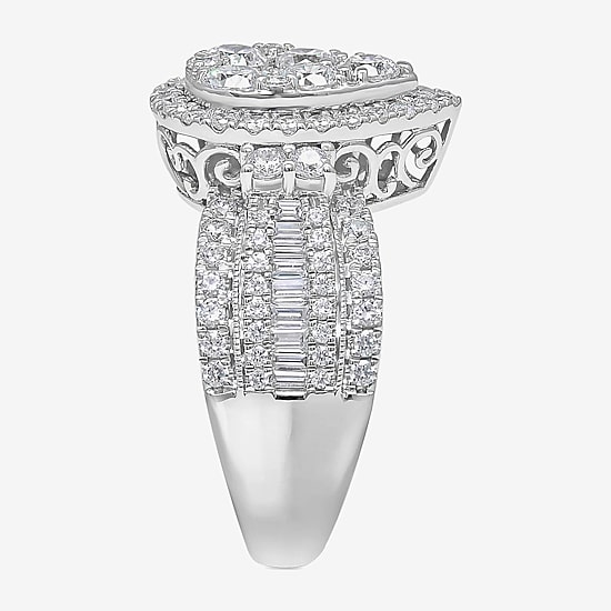 2 CT.T.W. Natural Diamond Pear Shape Side Stone Halo Engagement Ring in 10K or 14K White Gold