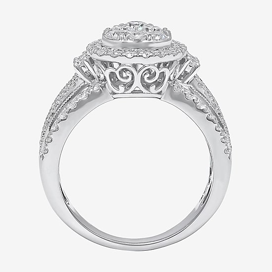 2 CT.T.W. Natural Diamond Pear Shape Side Stone Halo Engagement Ring in 10K or 14K White Gold