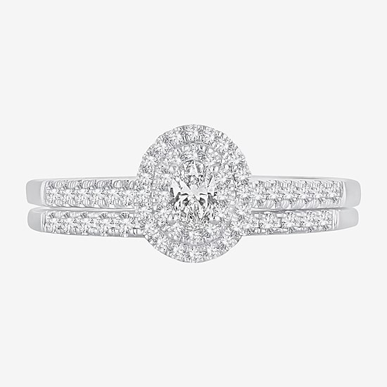 Oval 1/2 CT.T.W. Natural Diamond Side Stone Halo Bridal Set in 10K or 14K White Gold