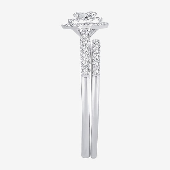 Oval 1/2 CT.T.W. Natural Diamond Side Stone Halo Bridal Set in 10K or 14K White Gold