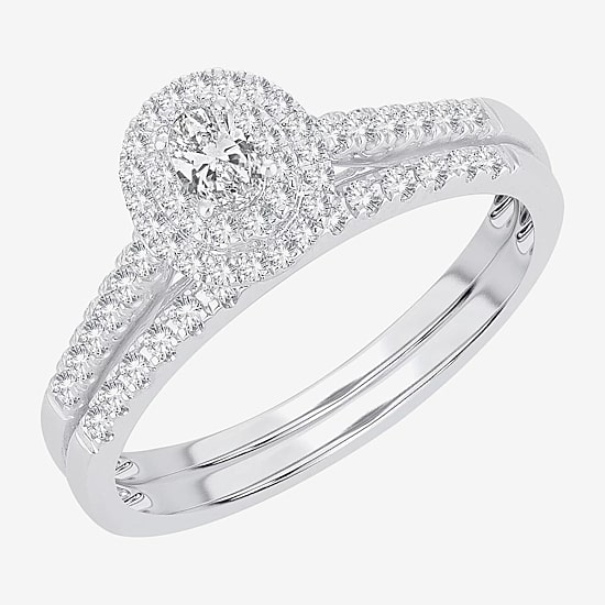 Oval 1/2 CT.T.W. Natural Diamond Side Stone Halo Bridal Set in 10K or 14K White Gold