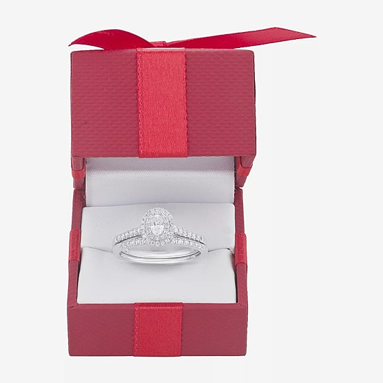 Oval 1/2 CT.T.W. Natural Diamond Side Stone Halo Bridal Set in 10K or 14K White Gold