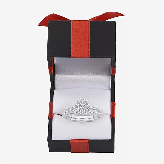 Oval 1/2 CT.T.W. Natural Diamond Side Stone Halo Bridal Set in 10K or 14K White Gold
