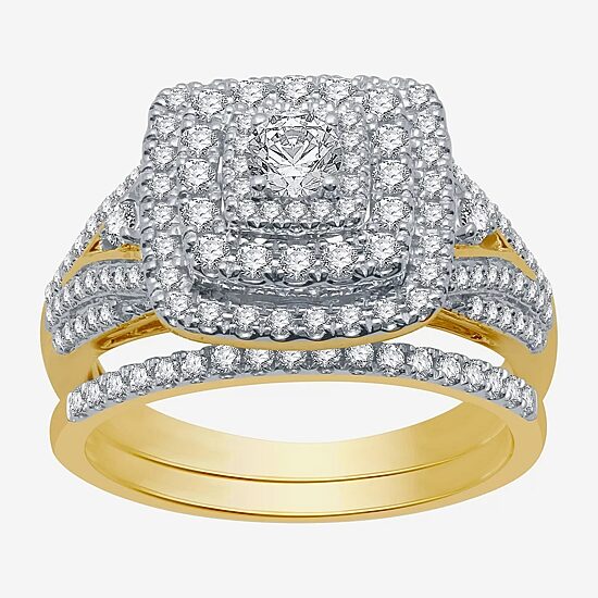 (H-I / I1) Womens 1 CT. T.W. Lab Grown White Diamond 10K Gold Cushion Side Stone Halo Bridal Set